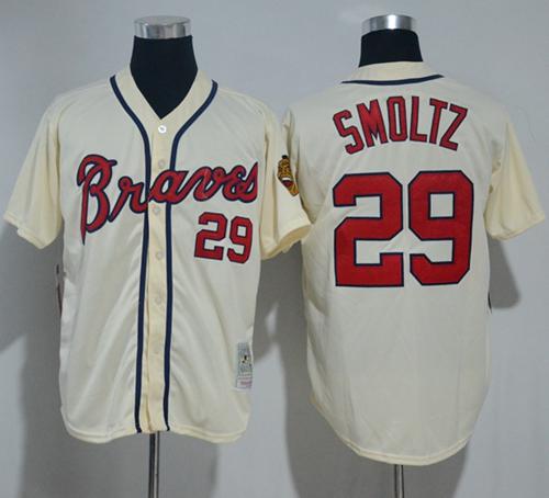 Mitchell And Ness Braves #29 John Smoltz Cream Throwback Stitched MLB Jersey - Click Image to Close